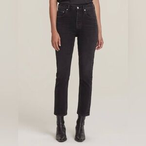 Agolde Riley High Rise Straight Crop Jeans in Panoramic Gray Black Button Fly 28